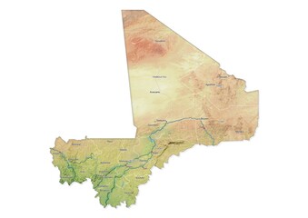 Isolated map of Mali with capital, national borders, important cities, rivers,lakes. Detailed map of Mali suitable for large size prints and digital editing.