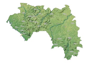 Isolated map of Guinea with capital, national borders, important cities, rivers,lakes. Detailed map of Guinea suitable for large size prints and digital editing.