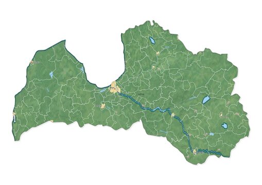 Isolated map of Latvia with capital, national borders, important cities, rivers,lakes. Detailed map of Latvia suitable for large size prints and digital editing.