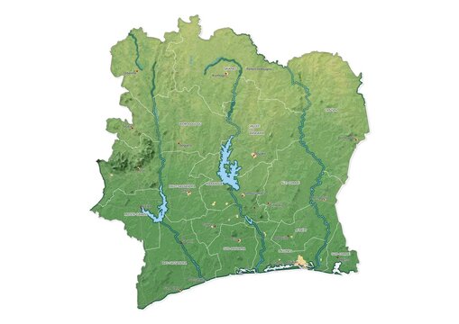 Isolated map of Ivory Coast with capital, national borders, important cities, rivers,lakes. Detailed map of Ivory Coast suitable for large size prints and digital editing.