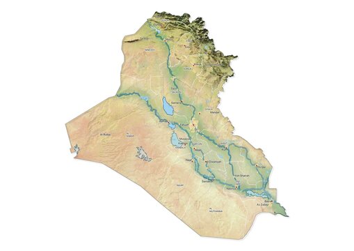 Isolated map of Iraq with capital, national borders, important cities, rivers,lakes. Detailed map of Iraq suitable for large size prints and digital editing.