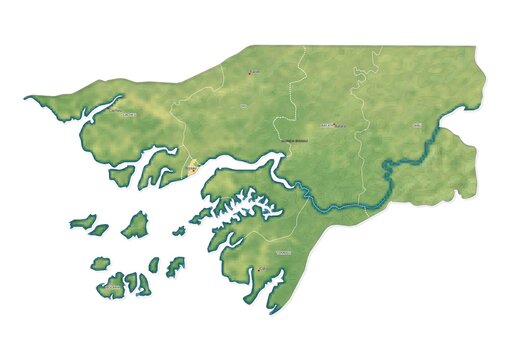 Isolated map of Guinea-Bissau with capital, national borders, important cities, rivers,lakes. Detailed map of Guinea-Bissau suitable for large size prints and digital editing.