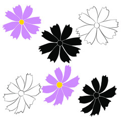 Obraz premium Set of cosmos flower branch vector simple illustration isolated on white background. Black outline hand drawn sketch and colored version. Floral vector for childrens illustration, summer design.