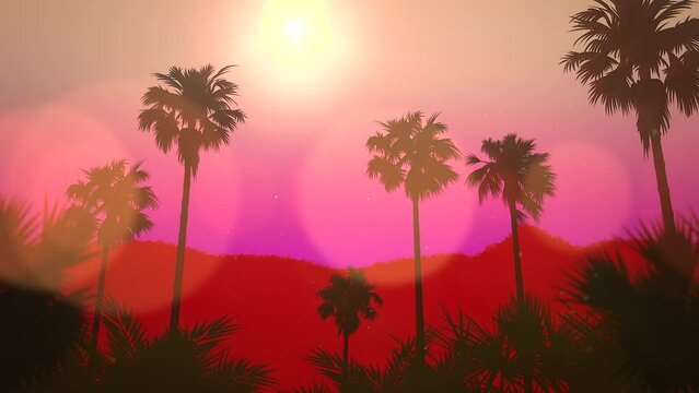 Summer tropical landscape with palm trees and pink sunset, motion promotion, summer and retro style background