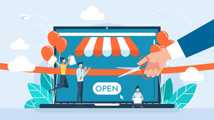 Grand opening concept. New online store, website, account. A businessman holding scissors in his hand cuts a red ribbon. The ceremony, celebration, presentation, and event. Flat illustration