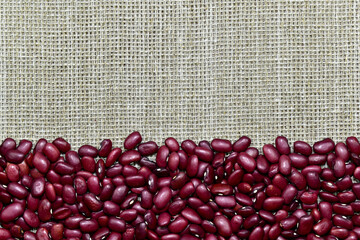 Beans laid out on burlap, top view, close-up, place for text