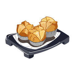 Close up Chinese steamed sponge cake Fa Gao on a tray.Traditional Asian dessert.Vector cartoon food illustration isolated on white background