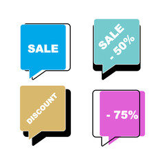 Sticker, sale, discount. A set of labels, sale at a discount of 50 and 75% percent. Multicoloured marketing tag with profitable ad isolated on white background. Vector illustration, shopping, proposal