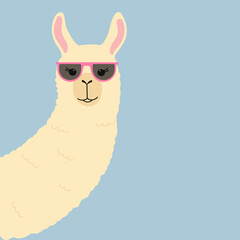  Cute llama head. Funny alpaca with sunglasses. Template for nursery design, poster, stationery, birthday card, invitation, baby shower and party decor © Yaryna
