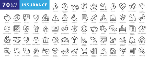 Insurance elements - minimal thin line web icon set. Outline icons collection. Simple vector illustration - obrazy, fototapety, plakaty