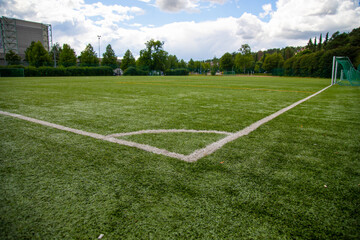 Empty football field from corner line perspective 