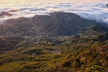 The stunning view of the mountains and valleys from the summit of Mt Ramelau in the districts of Timor Leste, Southeast Asia 
