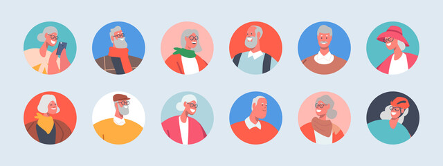 Set of Senior People Avatars, Mature Men or Women Portraits for Social Media. Male and Female Elderly Characters