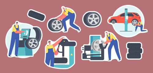 Set Stickers Workers Change Tires at Garage. Male Characters Wear Uniform Mount Tyres on Car Stand on Lift at Workshop