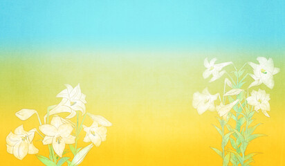 白百合（イースターリリー、テッポウユリ）の咲く浮世絵風グラデーション背景イラストウクライナカラー