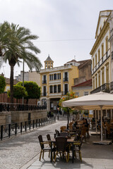 Fototapeta na wymiar cafes and restaurants on the Plaza de Espana square in downtown Merida