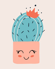 Vector illustration. Icon of cute cactus with crown in pink square pot. Character of houseplant. Design for poster, banner, social media, blog, flyer, postcard, print, badge, label, sticker, textile.