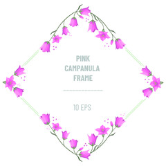 Thin decorative rhombus frame, pinkbells flowers elements. Vector floral illustration with pink campanulas on white background; perfect for greeting card, posters, banners and packaging. - 497088624