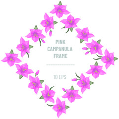 Decorative rhombus frame, pinkbells flowers and leaves elements. Vector floral illustration with pink campanulas on white background; perfect for greeting card, posters, banners and packaging. - 497088626