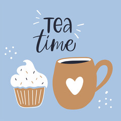 Vector calligraphy illustration. Slogan of Tea time. Retro icon of cute golden cup with heart and sweet cupcake. Concept for teahouse, delivery, cafe, restaurant. Tee shirt graphic, poster, print.