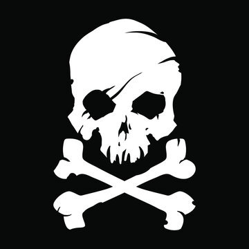 White skull with crossed bones icon illustration. Comic style. T-shirt print for Horror or Halloween. Hand drawing illustration isolated on black background. Vector EPS 10.