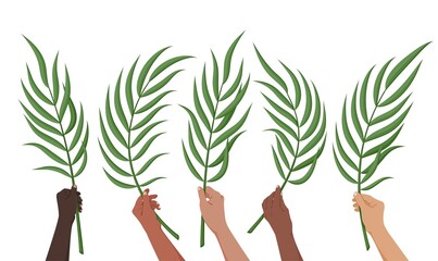 Hands holding palm leaves. Believers celebrate the Entry of the Lord into Jerusalem. Christian religious symbol of Palm Sunday holiday. Palm branch christian religious holiday symbol. Vector 