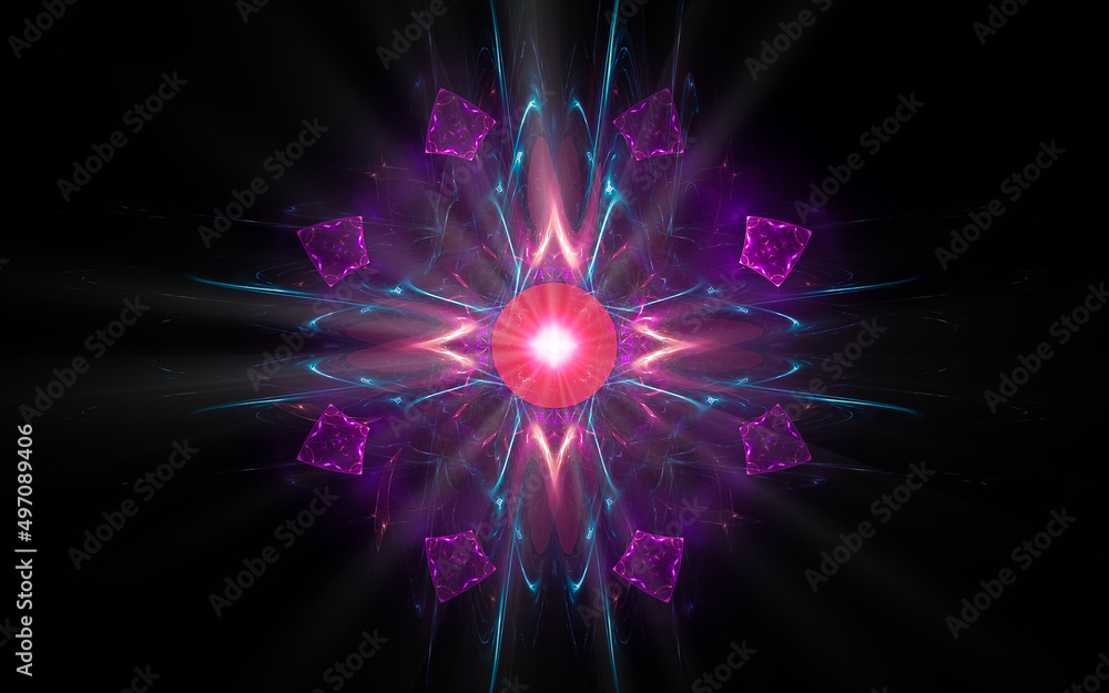 Poster abstract illustration of a computer generated fantastic emblem in various shapes and shades on a bla