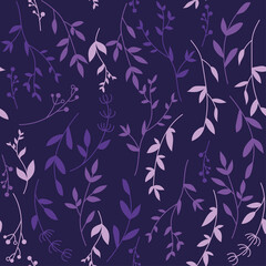 Fototapeta na wymiar Vintage violet leaves pattern on navy violet background. Floral trendy illustration. For textile, wallpaper, background, wrapping paper. 