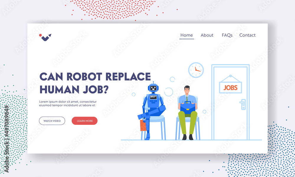 Poster can robots replace human jobs landing page template. cyborg and businessman waiting invitation for i