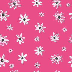 Flowers pattern in small white flowers. Floral seamless background of daisy for fashion prints. Vector texture in sketch style on pink.	