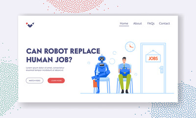 Can Robots Replace Human Jobs Landing Page Template. Cyborg and Businessman Waiting Invitation for Interview in Lobby