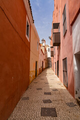 Fototapeta na wymiar narrow pedestrian alley leading through tall colorful pink houses
