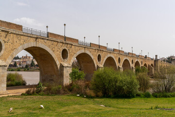 Obraz premium the historic 15-century Puente de Palmas Bridge with a view of the Old Town through one of the arches