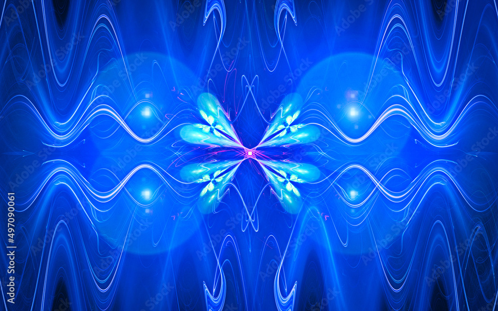 Poster abstract computer illustrations of fantastic energy waves of various shapes and shades on a black ba