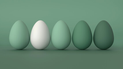 Easter eggs, green gradient eggs on green background. 3d render illustration