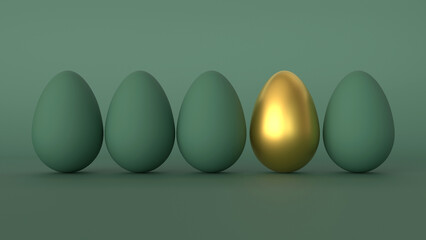 Green and gold easter eggs. Easter background. 3d render illustration