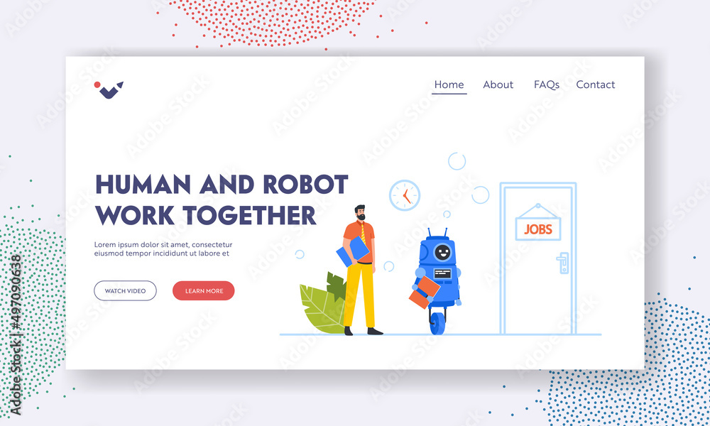 Poster human and machine hiring landing page template. robot and businessman with cv in hands waiting invit