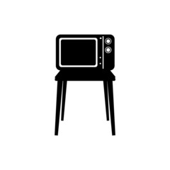 Retro TV on Table Silhouette. Black and White Icon on Isolated White Background Suitable for Logo or Design Element