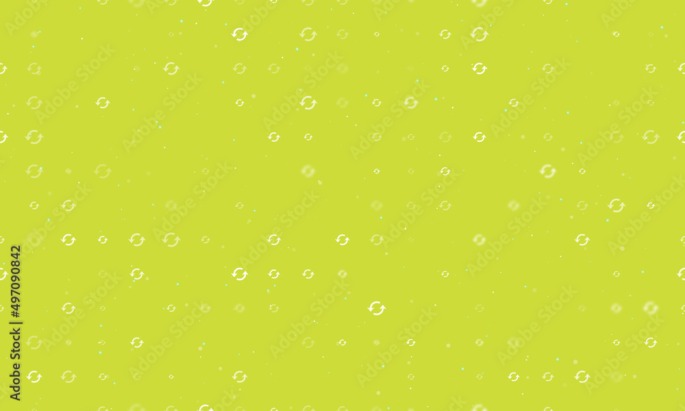 Poster seamless background pattern of evenly spaced white refresh symbols of different sizes and opacity. v