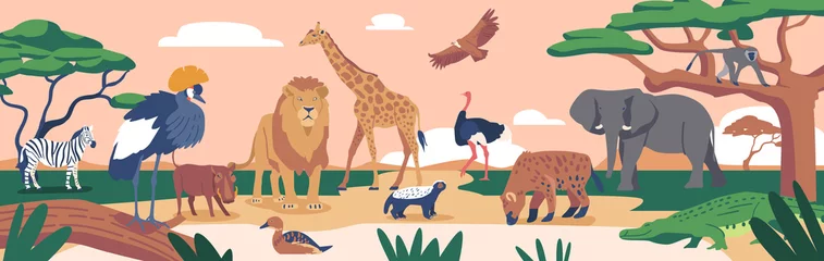 Fototapeten African Animals and Birds in Savannah Landscape. Crowned Crane, Zebra, Lion and Boar, Giraffe, Duck and Honey Badger © Pavlo Syvak
