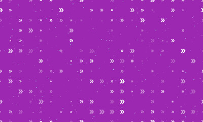 Seamless background pattern of evenly spaced white double arrow symbols of different sizes and opacity. Vector illustration on purple background with stars