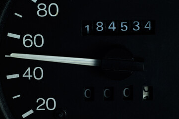 50 kilometers speed on a car speedometer. Speedometer with needle displaying 50. Close-up.