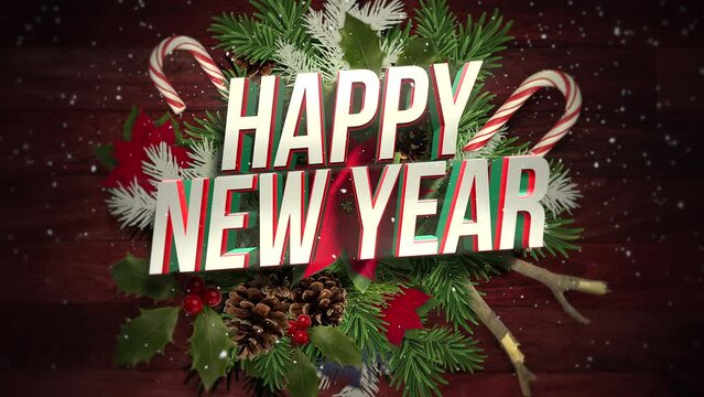 Happy New Year with white snowflakes and candy, motion holidays and winter style background for New Year and Merry Christmas