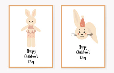 set of invitation cards for children with hares and a rabbit. congratulation. Vector illustration