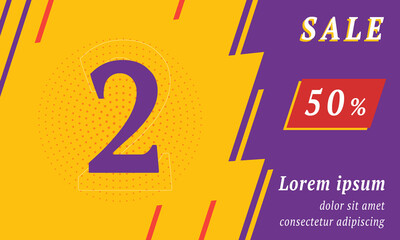 Sale promotion banner with place for your text. On the left is the number two symbol. Promotional text with discount percentage on the right side. Vector illustration on yellow background