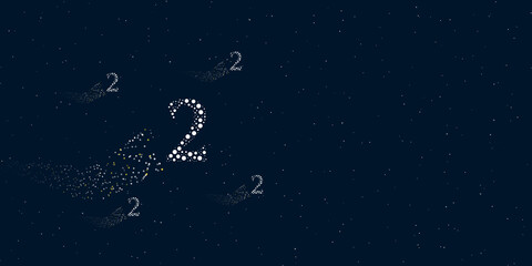 Fototapeta na wymiar A number two symbol filled with dots flies through the stars leaving a trail behind. There are four small symbols around. Vector illustration on dark blue background with stars