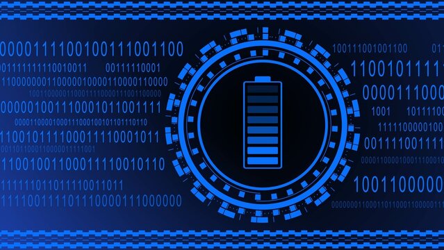 Electrical energy and power supply source concept - accumulator battery in charging level on binary code background in blue design - 3D illustration
