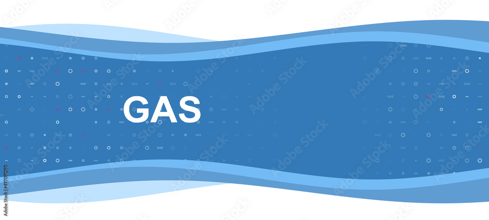 Poster blue wavy banner with a white gas text symbol on the left. on the background there are small white s