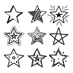 Set of black hand drawn doodle stars in isolated. Can be used as a template or as a standalone element, icons. Marker brush sketches. Doodle sketch style. Collection of stars