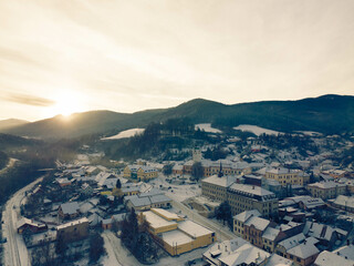 Obraz premium Aerial View of the sunset in Gelnica city in Slovakia